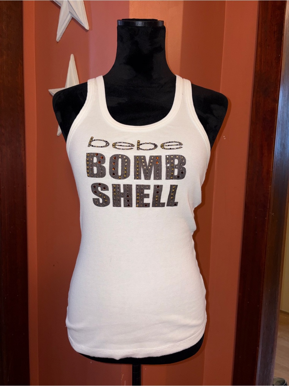 RARE VINTAGE Y2K  bebe White Ribbed 'BOMBSHELL' Embellished Tank